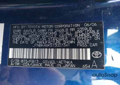 2007 Toyota Camry Le V6 from USA, damaged, VIN JTNBK46K573007341